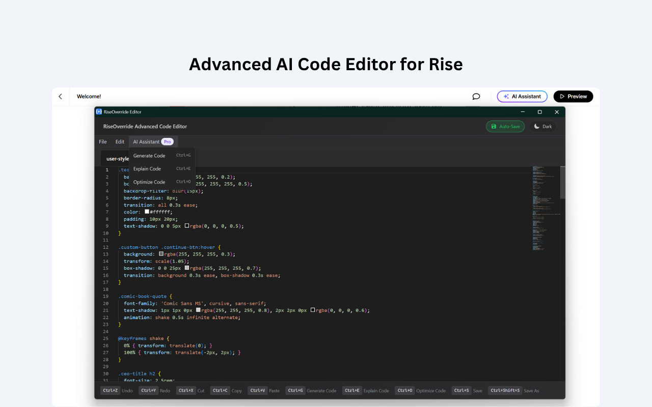 RiseOverride AI Code Editor Interface showing code generation, explanation, and optimization tools
