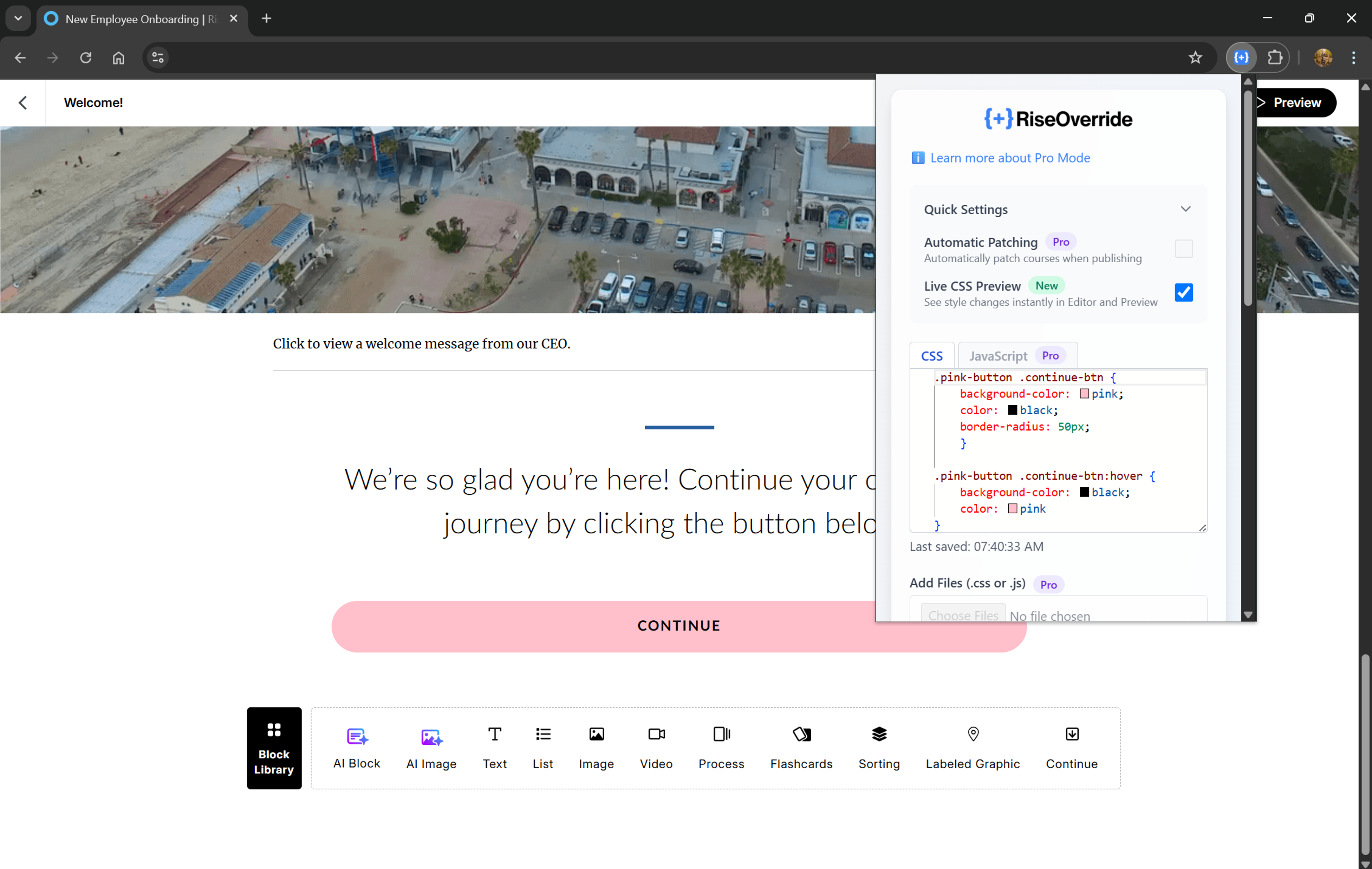 Screenshot showing Live CSS Preview in RiseOverride
